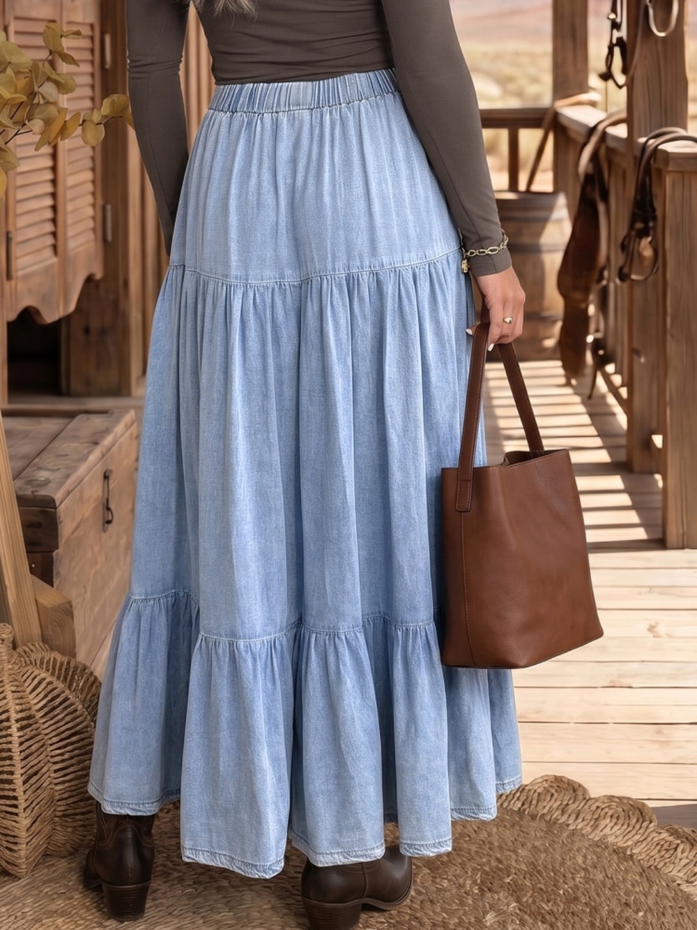 Light Blue Tiered Maxi Skirt - Women's Casual Boho